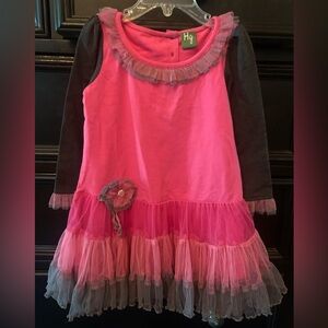 Vibrant Pink and Gray Kids Dress with Ruffle Details